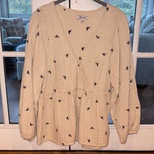 Madewell Beige Bow Embroidered Blouse